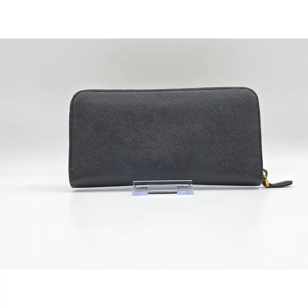 Prada Saffiano Fiocco Bow Zip Around Wallet Black Leather Gold Logo Italy